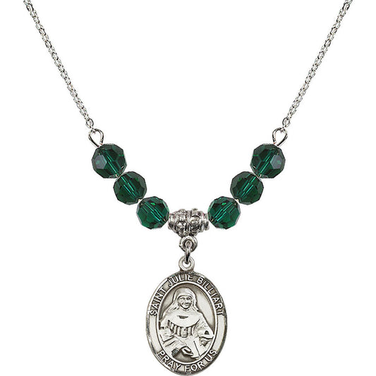 Sterling Silver Saint Julie Billiart Birthstone Necklace with Emerald Beads - 8117