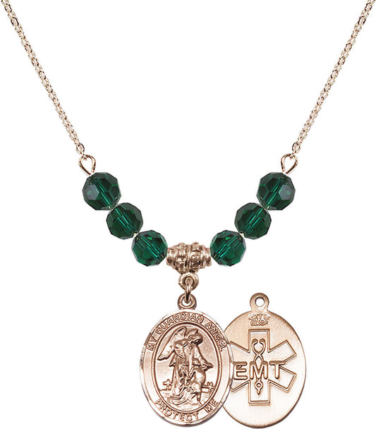 14kt Gold Filled Guardian Angel / EMT Birthstone Necklace with Emerald Beads - 8118