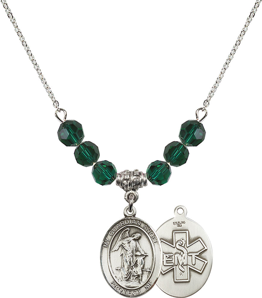 Sterling Silver Guardian Angel / EMT Birthstone Necklace with Emerald Beads - 8118