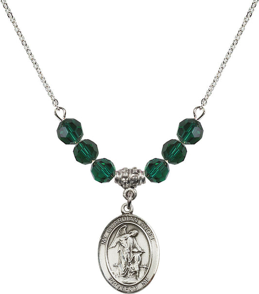 Sterling Silver Guardian Angel w/Child Birthstone Necklace with Emerald Beads - 8118