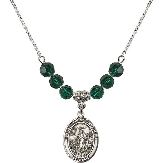 Sterling Silver Lord Is My Shepherd Birthstone Necklace with Emerald Beads - 8119