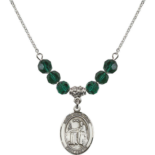 Sterling Silver Saint Valentine of Rome Birthstone Necklace with Emerald Beads - 8121