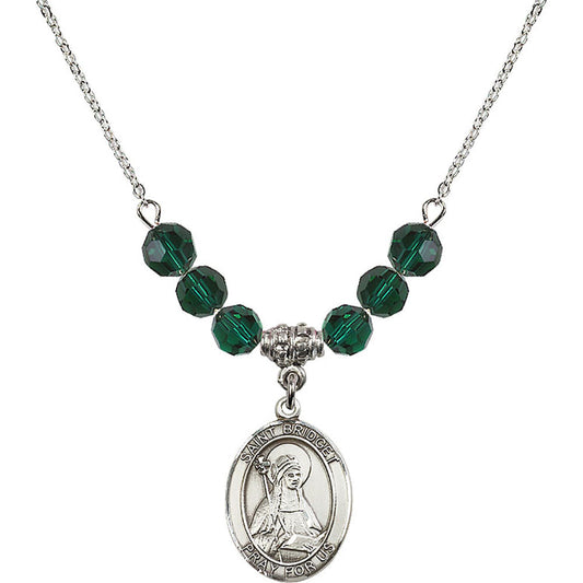 Sterling Silver Saint Bridget of Sweden Birthstone Necklace with Emerald Beads - 8122