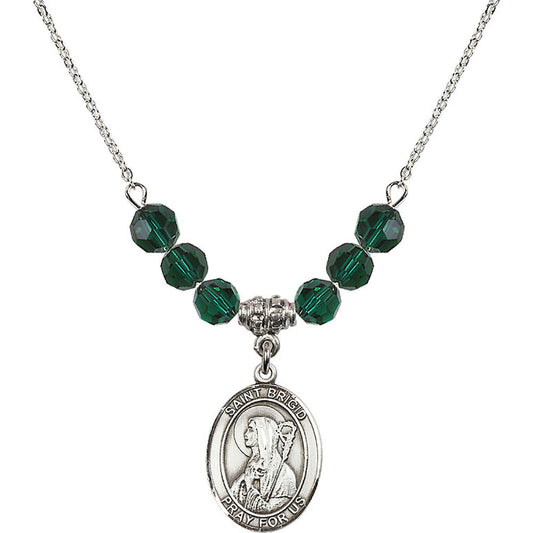 Sterling Silver Saint Brigid of Ireland Birthstone Necklace with Emerald Beads - 8123
