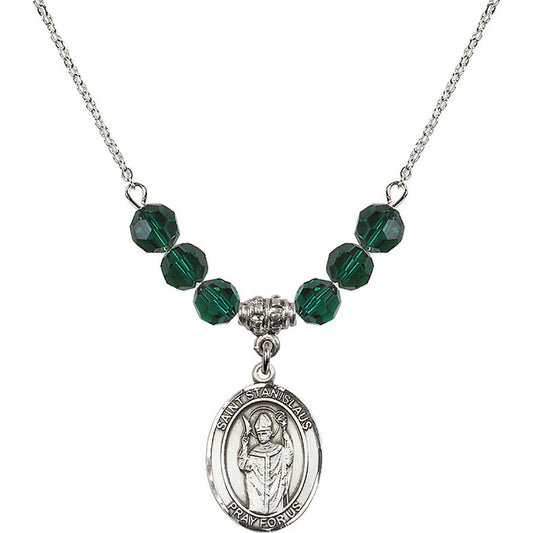 Sterling Silver Saint Stanislaus Birthstone Necklace with Emerald Beads - 8124