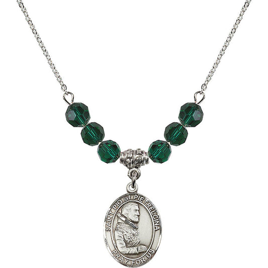 Sterling Silver Saint Pio of Pietrelcina Birthstone Necklace with Emerald Beads - 8125