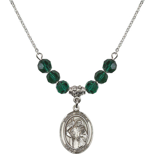 Sterling Silver Saint Ursula Birthstone Necklace with Emerald Beads - 8127