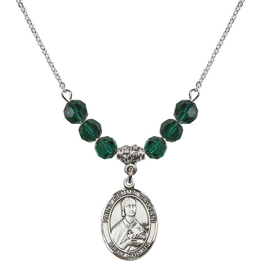 Sterling Silver Saint Gemma Galgani Birthstone Necklace with Emerald Beads - 8130