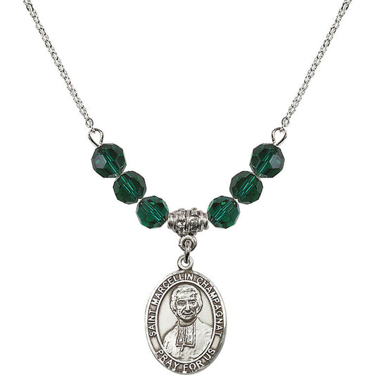 Sterling Silver Saint Marcellin Champagnat Birthstone Necklace with Emerald Beads - 8131
