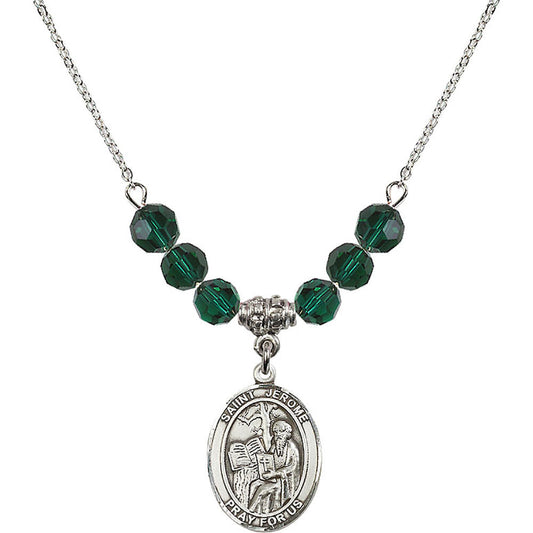 Sterling Silver Saint Jerome Birthstone Necklace with Emerald Beads - 8135