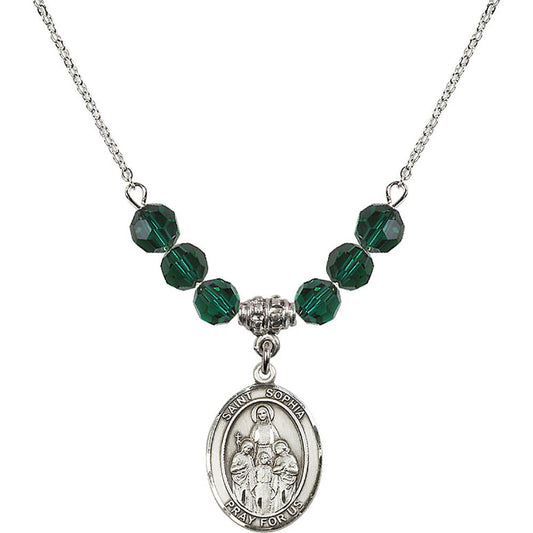 Sterling Silver Saint Sophia Birthstone Necklace with Emerald Beads - 8136