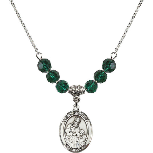 Sterling Silver Saint Ambrose Birthstone Necklace with Emerald Beads - 8137