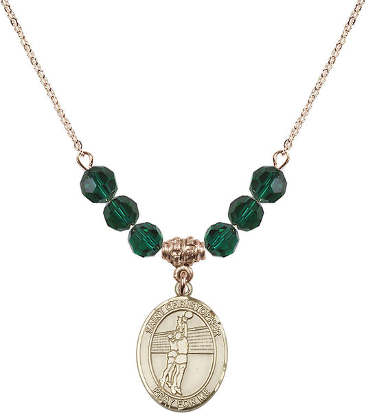 14kt Gold Filled Saint Christopher/Volleyball Birthstone Necklace with Emerald Beads - 8138
