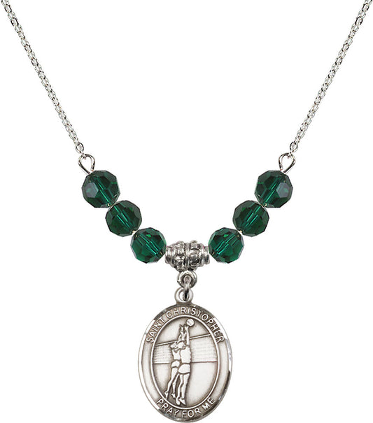 Sterling Silver Saint Christopher/Volleyball Birthstone Necklace with Emerald Beads - 8138