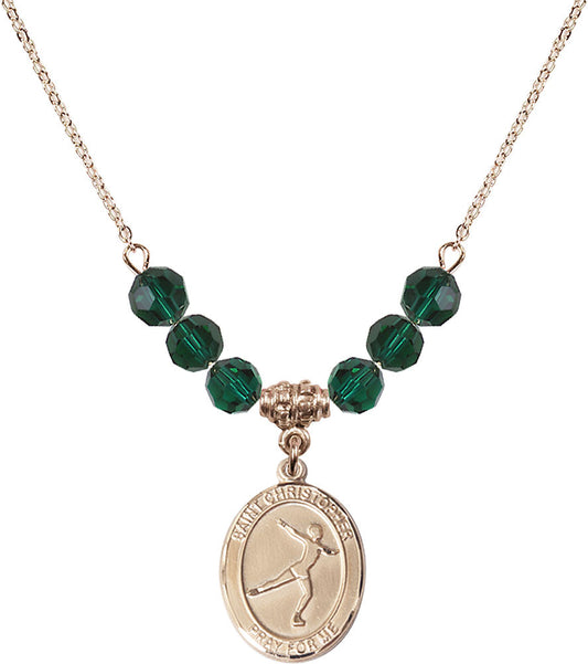 14kt Gold Filled Saint Christopher/Figure Skating Birthstone Necklace with Emerald Beads - 8139