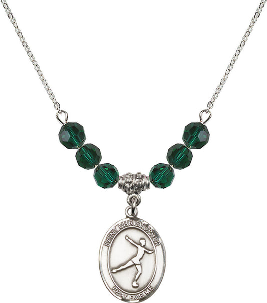 Sterling Silver Saint Christopher/Figure Skating Birthstone Necklace with Emerald Beads - 8139
