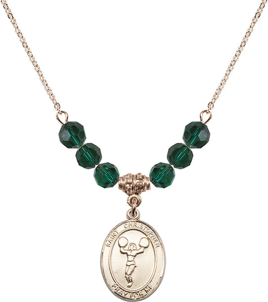 14kt Gold Filled Saint Christopher/Cheerleading Birthstone Necklace with Emerald Beads - 8140