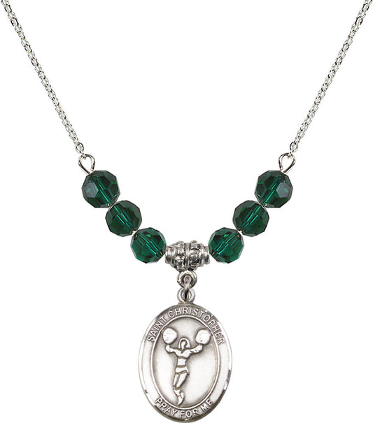 Sterling Silver Saint Christopher/Cheerleading Birthstone Necklace with Emerald Beads - 8140
