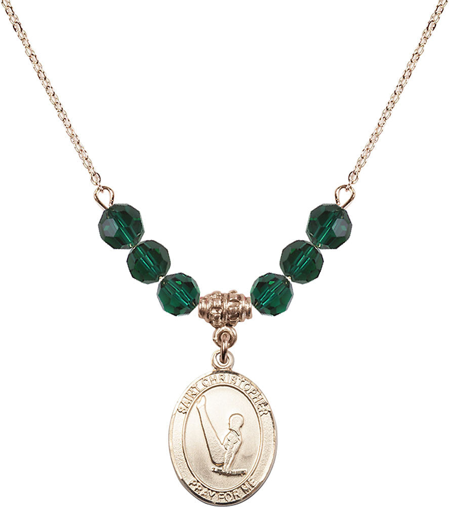14kt Gold Filled Saint Christopher/Gymnastics Birthstone Necklace with Emerald Beads - 8142