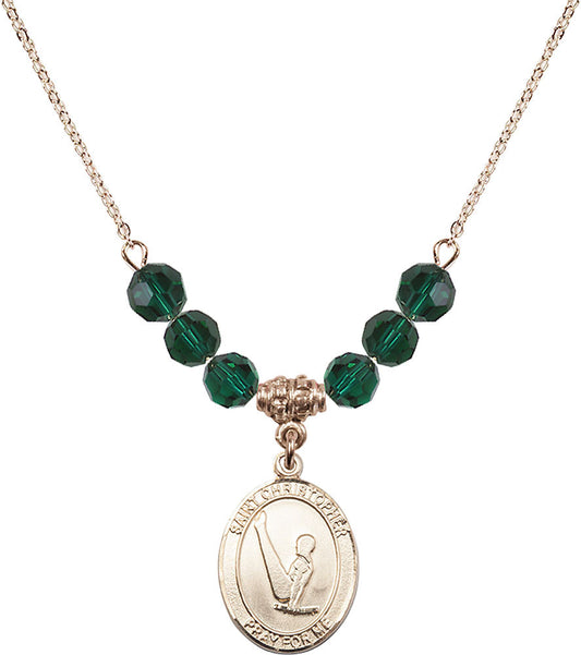 14kt Gold Filled Saint Christopher/Gymnastics Birthstone Necklace with Emerald Beads - 8142