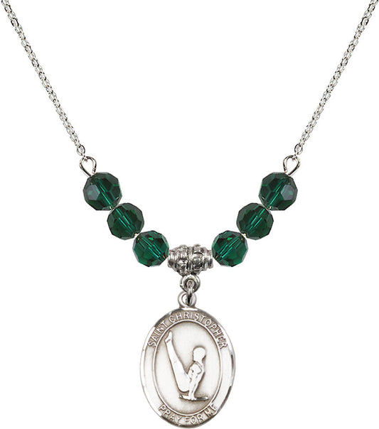 Sterling Silver Saint Christopher/Gymnastics Birthstone Necklace with Emerald Beads - 8142