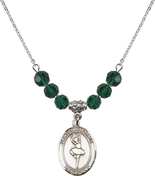 Sterling Silver Saint Christopher/Dance Birthstone Necklace with Emerald Beads - 8143