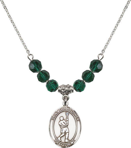 Sterling Silver Saint Christopher/Lacrosse Birthstone Necklace with Emerald Beads - 8144