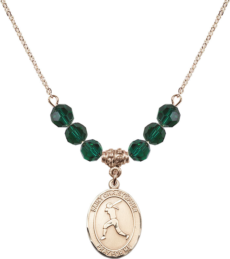 14kt Gold Filled Saint Christopher/Softball Birthstone Necklace with Emerald Beads - 8145