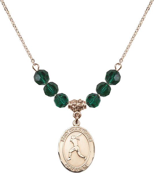 14kt Gold Filled Saint Christopher/Softball Birthstone Necklace with Emerald Beads - 8145