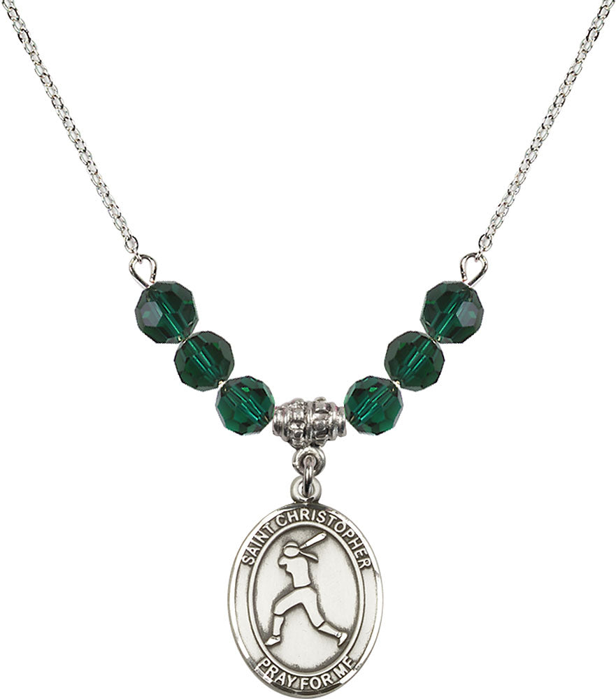 Sterling Silver Saint Christopher/Softball Birthstone Necklace with Emerald Beads - 8145