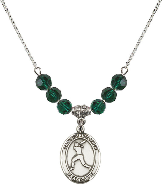 Sterling Silver Saint Christopher/Softball Birthstone Necklace with Emerald Beads - 8145