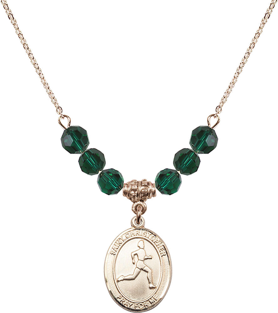 14kt Gold Filled Saint Christopher/Track & Field Birthstone Necklace with Emerald Beads - 8149