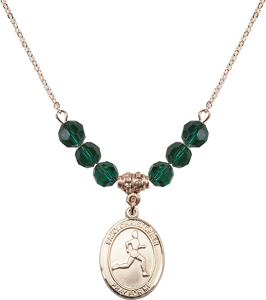 14kt Gold Filled Saint Christopher/Track & Field Birthstone Necklace with Emerald Beads - 8149
