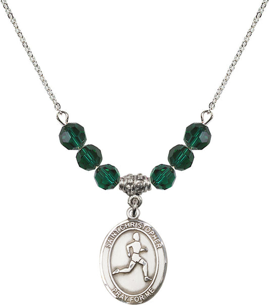 Sterling Silver Saint Christopher/Track & Field Birthstone Necklace with Emerald Beads - 8149
