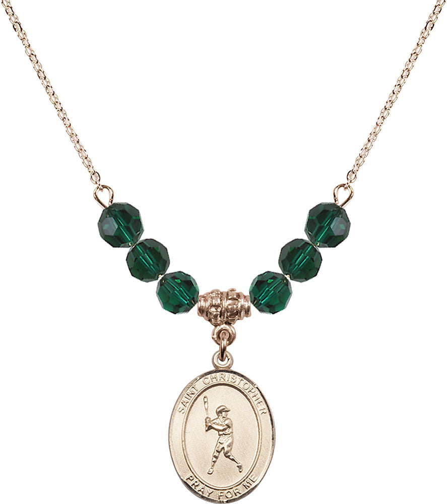 14kt Gold Filled Saint Christopher/Baseball Birthstone Necklace with Emerald Beads - 8150
