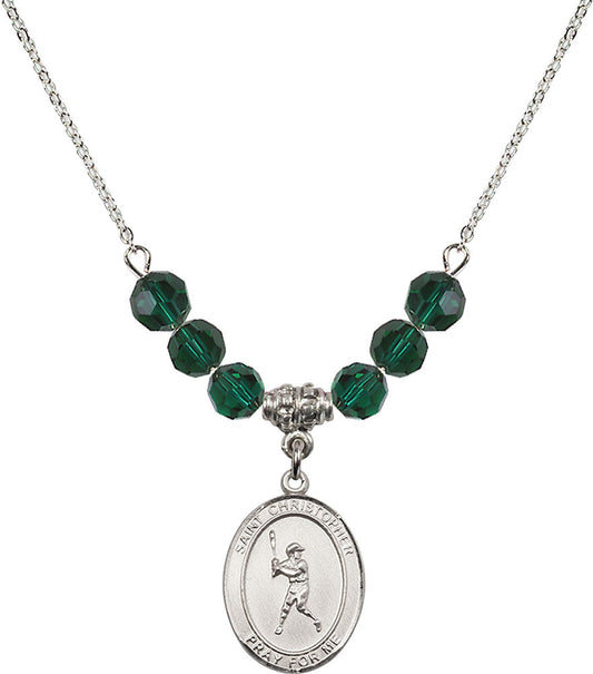 Sterling Silver Saint Christopher/Baseball Birthstone Necklace with Emerald Beads - 8150