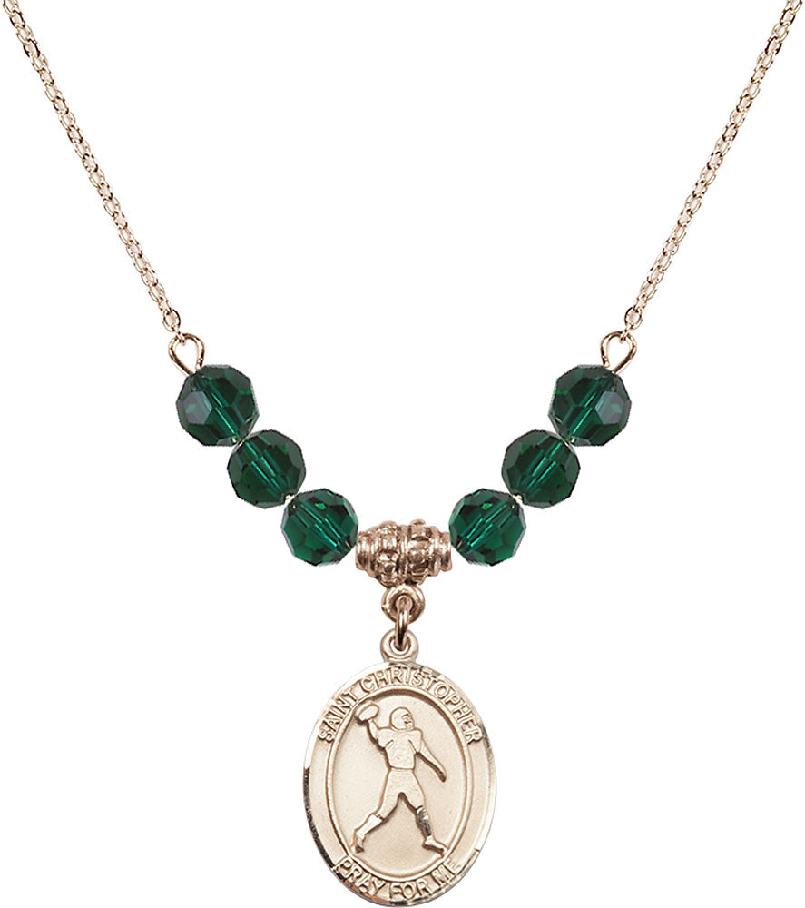 14kt Gold Filled Saint Christopher/Football Birthstone Necklace with Emerald Beads - 8151