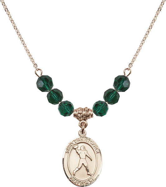 14kt Gold Filled Saint Christopher/Football Birthstone Necklace with Emerald Beads - 8151