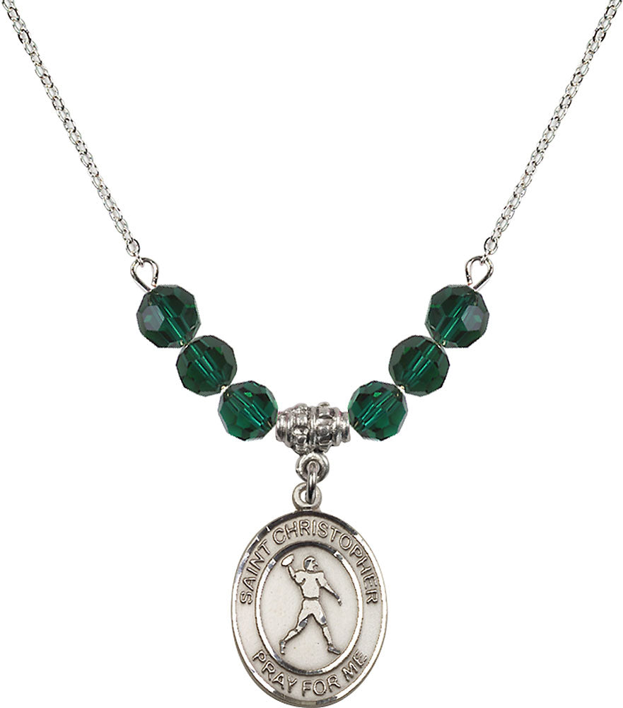 Sterling Silver Saint Christopher/Football Birthstone Necklace with Emerald Beads - 8151