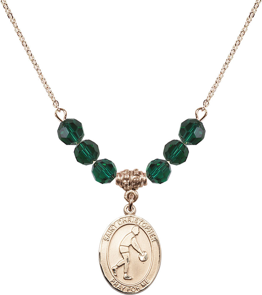14kt Gold Filled Saint Christopher/Basketball Birthstone Necklace with Emerald Beads - 8153