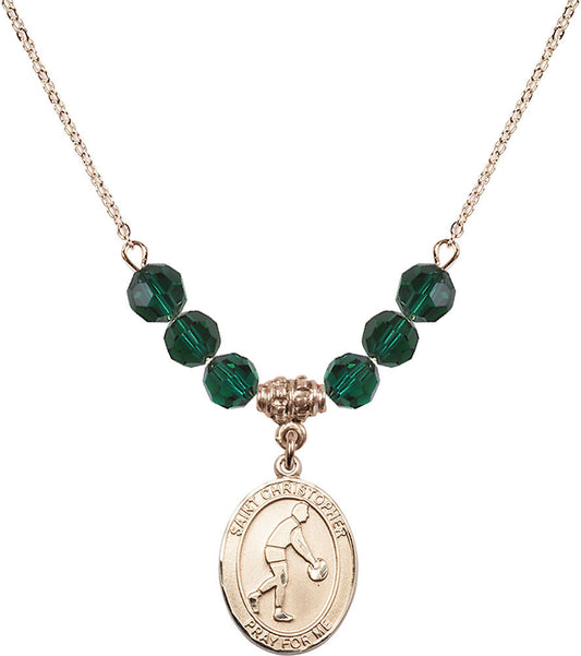 14kt Gold Filled Saint Christopher/Basketball Birthstone Necklace with Emerald Beads - 8153