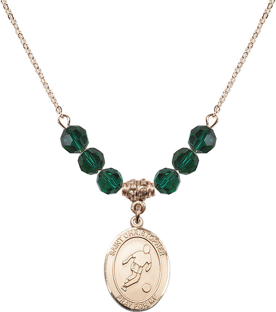 14kt Gold Filled Saint Christopher/Soccer Birthstone Necklace with Emerald Beads - 8154