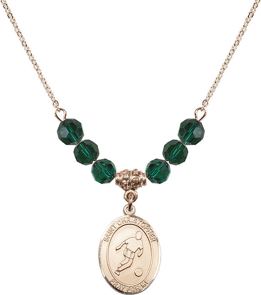 14kt Gold Filled Saint Christopher/Soccer Birthstone Necklace with Emerald Beads - 8154