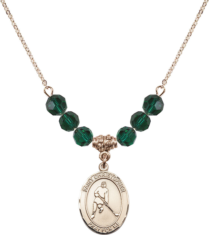 14kt Gold Filled Saint Christopher/Ice Hockey Birthstone Necklace with Emerald Beads - 8155