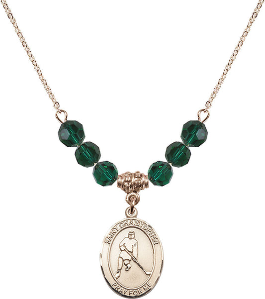 14kt Gold Filled Saint Christopher/Ice Hockey Birthstone Necklace with Emerald Beads - 8155