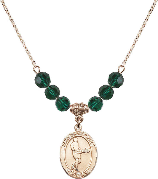 14kt Gold Filled Saint Christopher/Tennis Birthstone Necklace with Emerald Beads - 8156