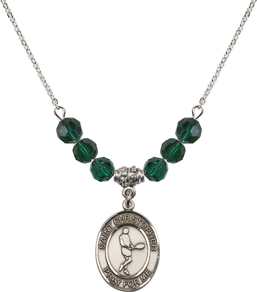 Sterling Silver Saint Christopher/Tennis Birthstone Necklace with Emerald Beads - 8156
