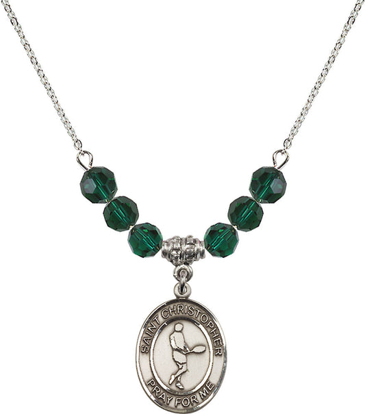 Sterling Silver Saint Christopher/Tennis Birthstone Necklace with Emerald Beads - 8156