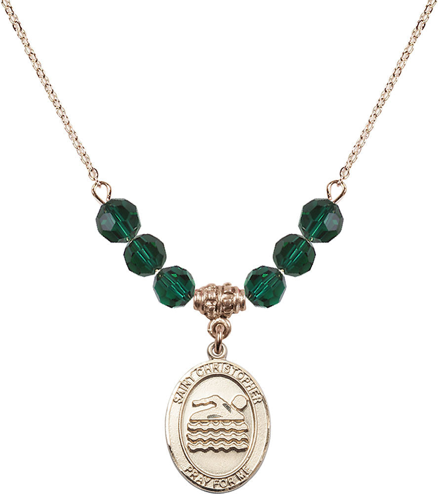 14kt Gold Filled Saint Christopher/Swimming Birthstone Necklace with Emerald Beads - 8157