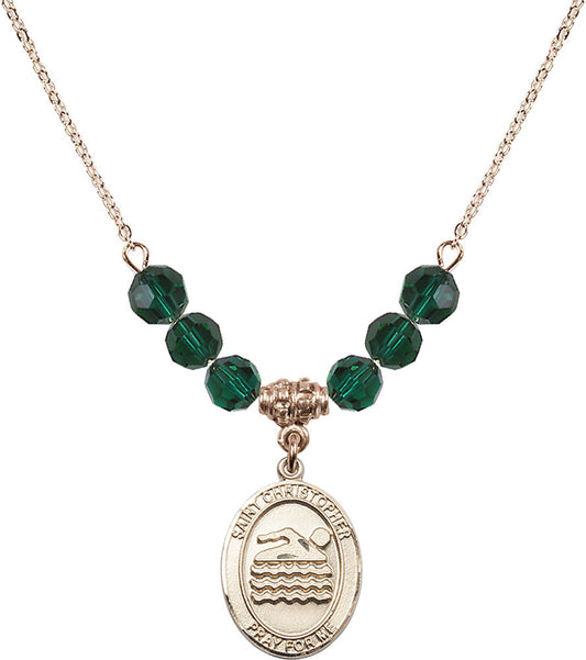 14kt Gold Filled Saint Christopher/Swimming Birthstone Necklace with Emerald Beads - 8157